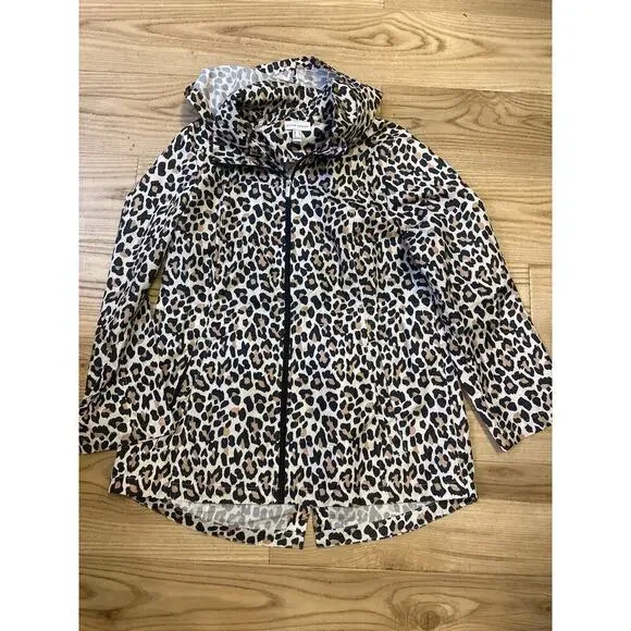 Susan Graver Leopard Print Anorak Rain coat hood water resistant packable Medium - Picture 2 of 5